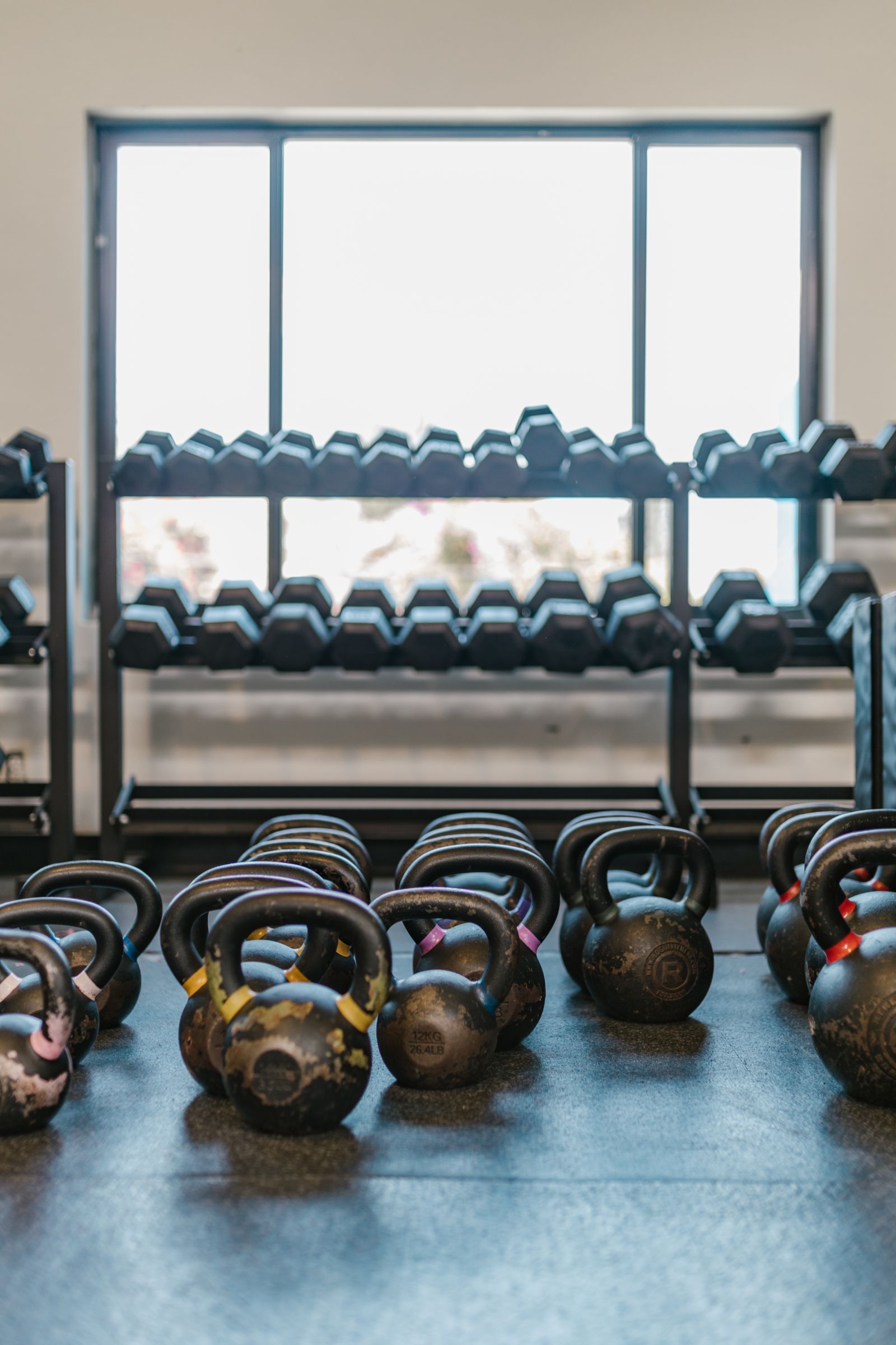 Kettlebells and dumbbells arranged on racks in a well-lit gym